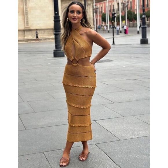 NWT Zara Blogger Fav Buckled Metallic Knit Cutout Dress Gold L Vacation - Picture 5 of 14